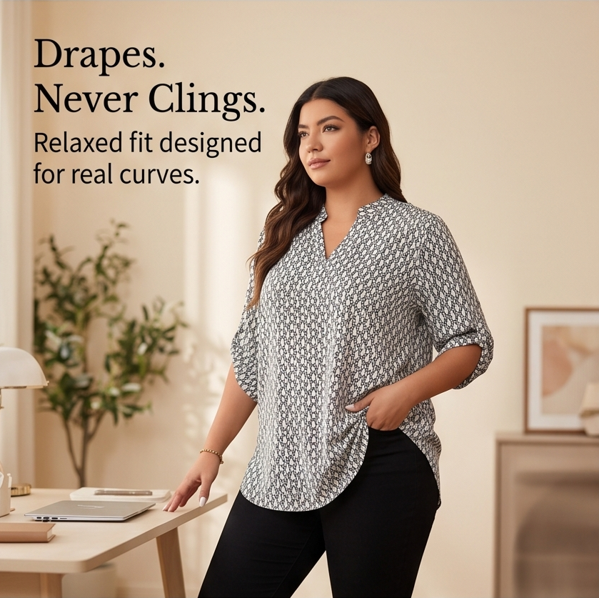 Lunavia – Women's Geometric V-Neck Blouse with Roll-Tab Sleeves