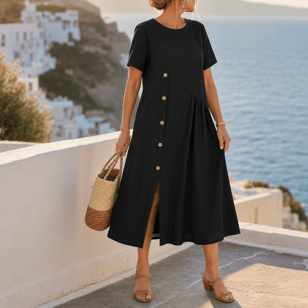 Lunavia – Women's Cotton-Linen Asymmetric Button Midi Dress