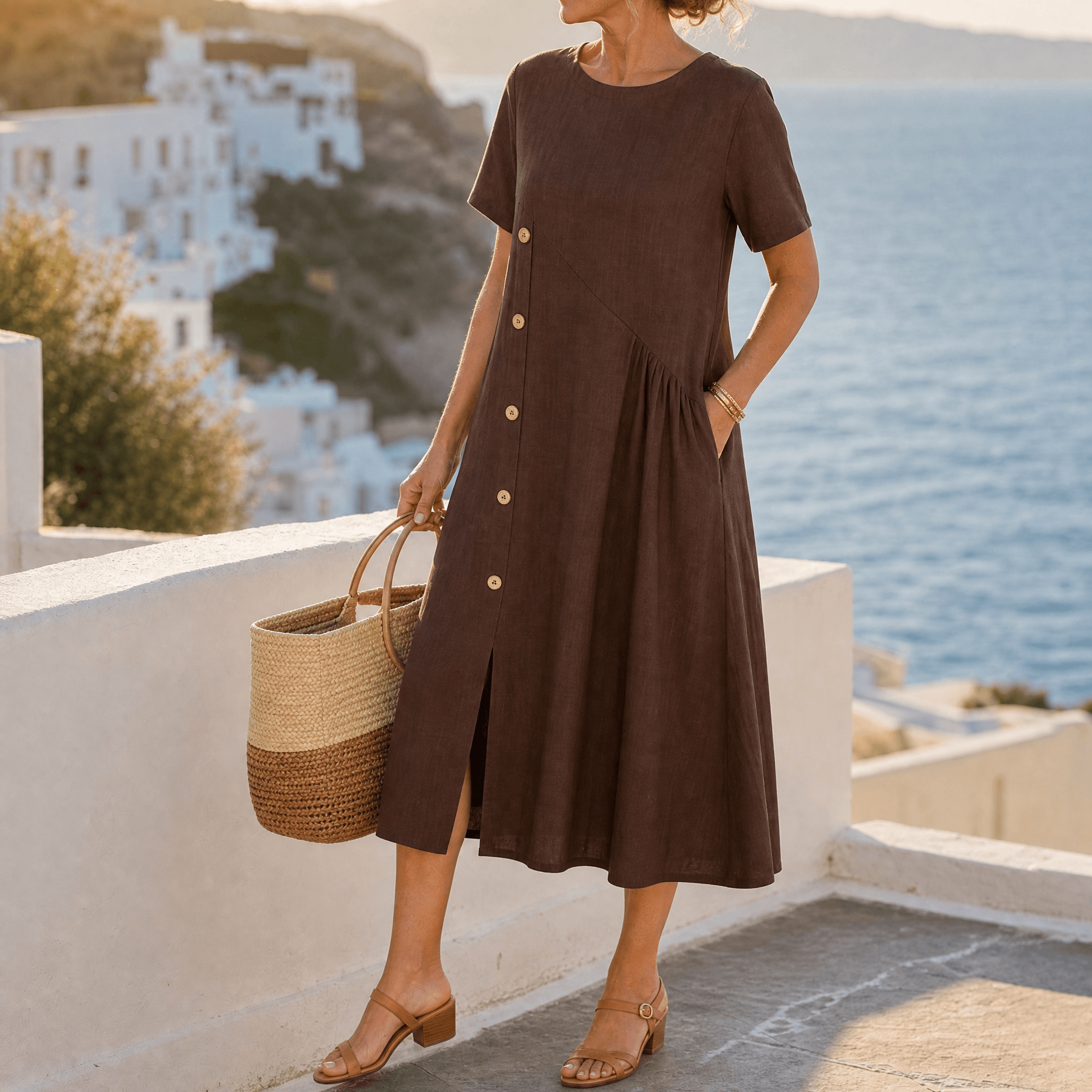 Lunavia – Women's Cotton-Linen Asymmetric Button Midi Dress