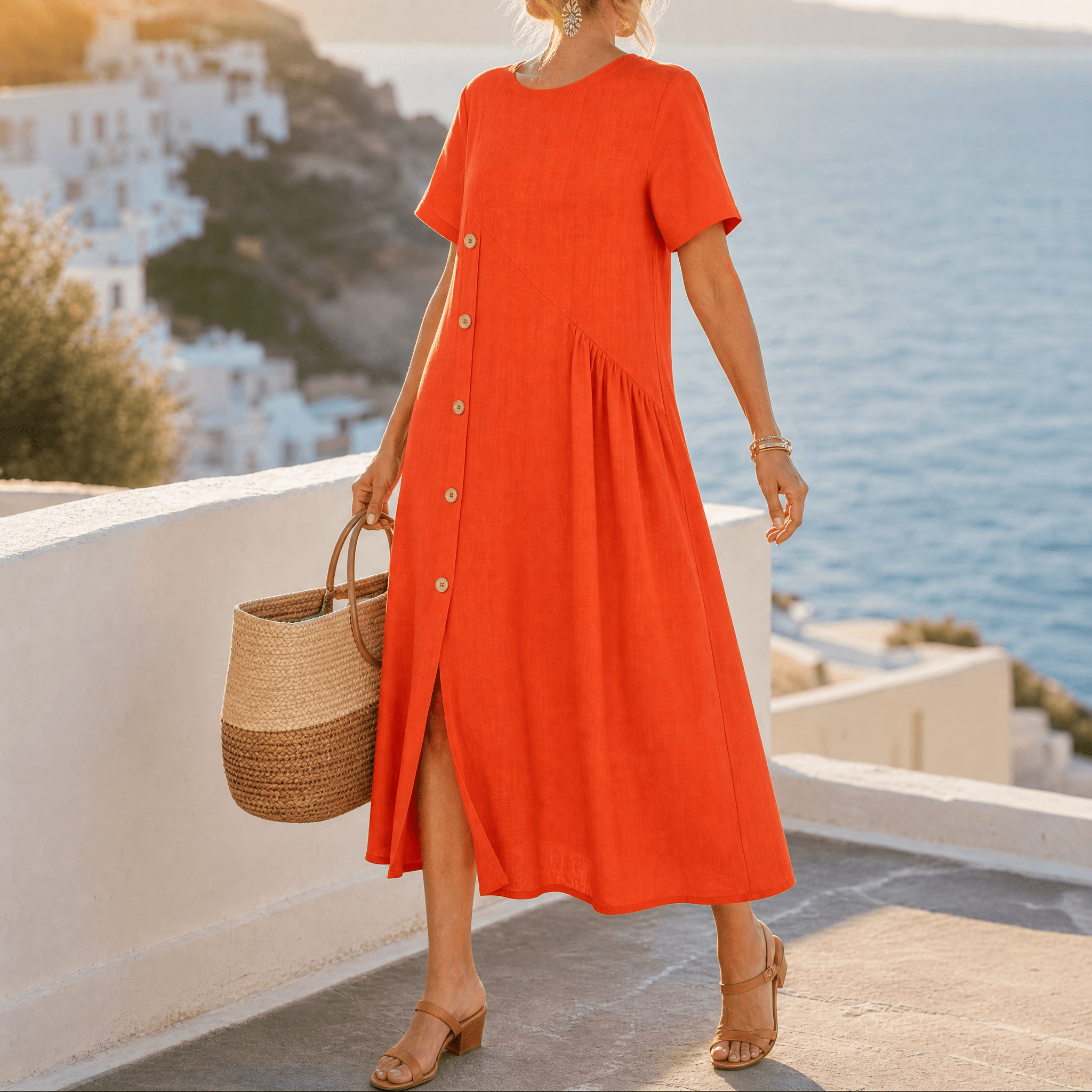 Lunavia – Women's Cotton-Linen Asymmetric Button Midi Dress