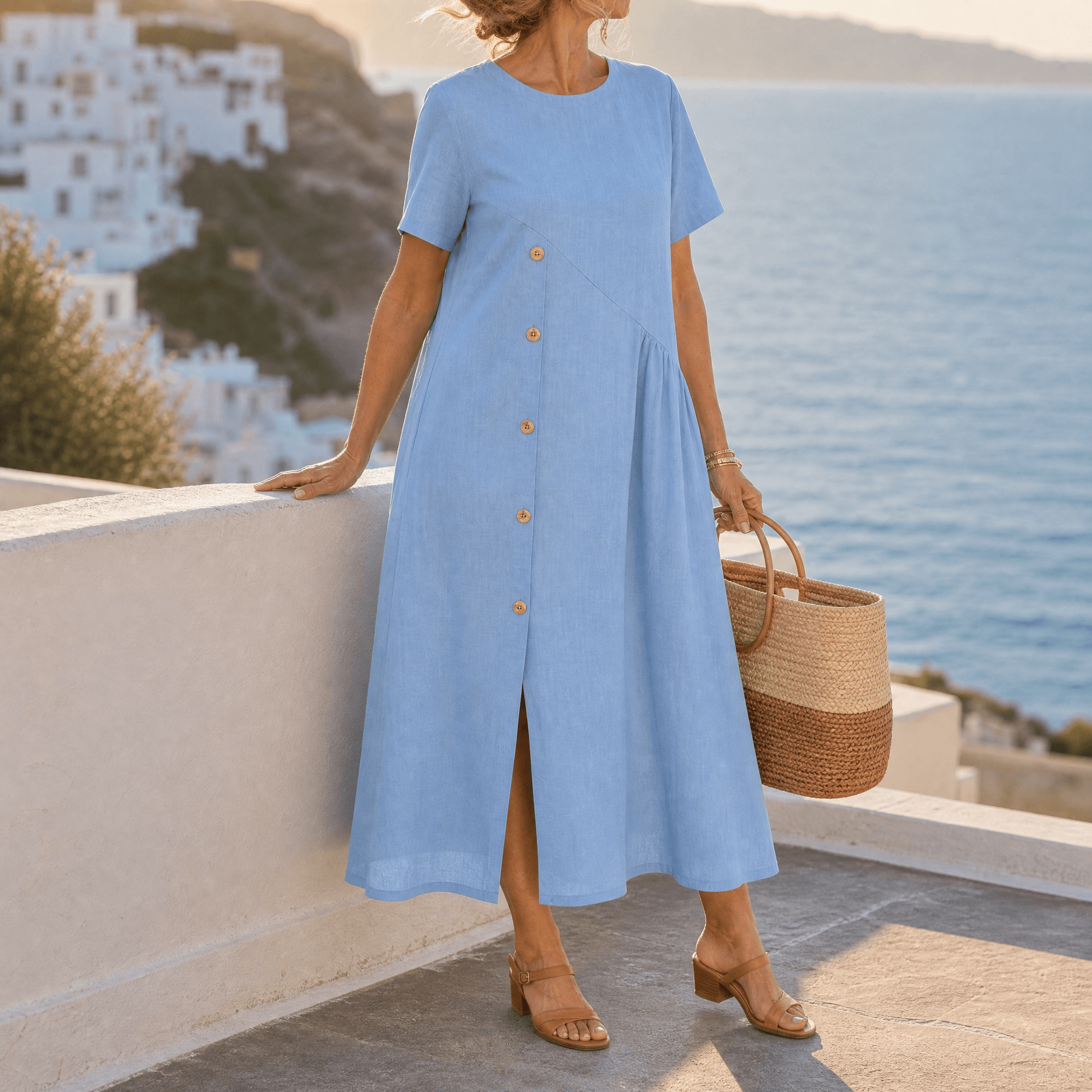 Lunavia – Women's Cotton-Linen Asymmetric Button Midi Dress