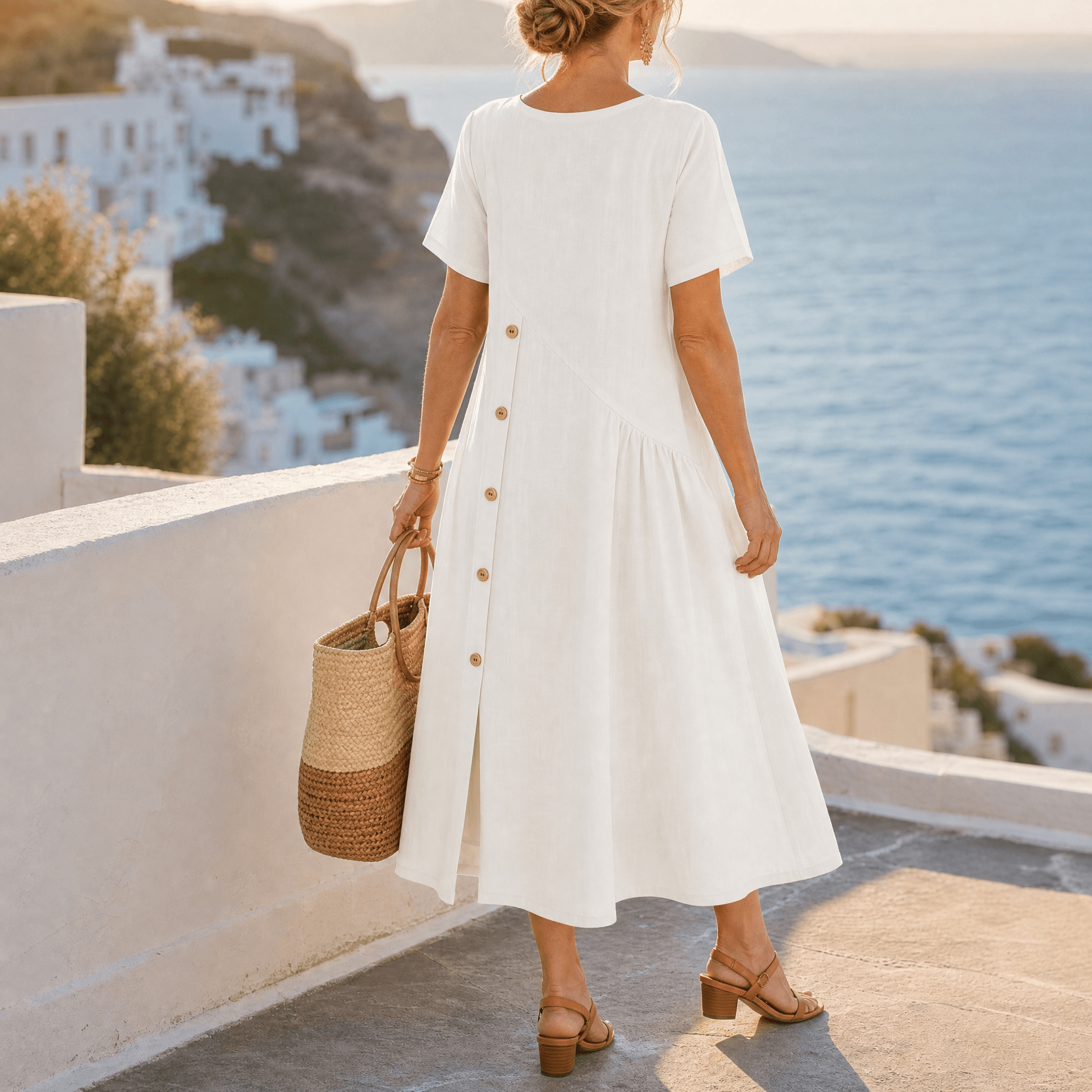 Lunavia – Women's Cotton-Linen Asymmetric Button Midi Dress