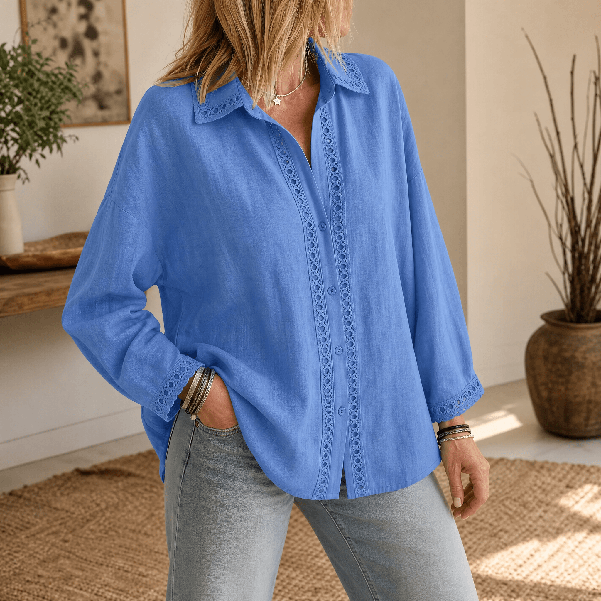 Lunavia – Women's Eyelet Trim Button-Down Blouse