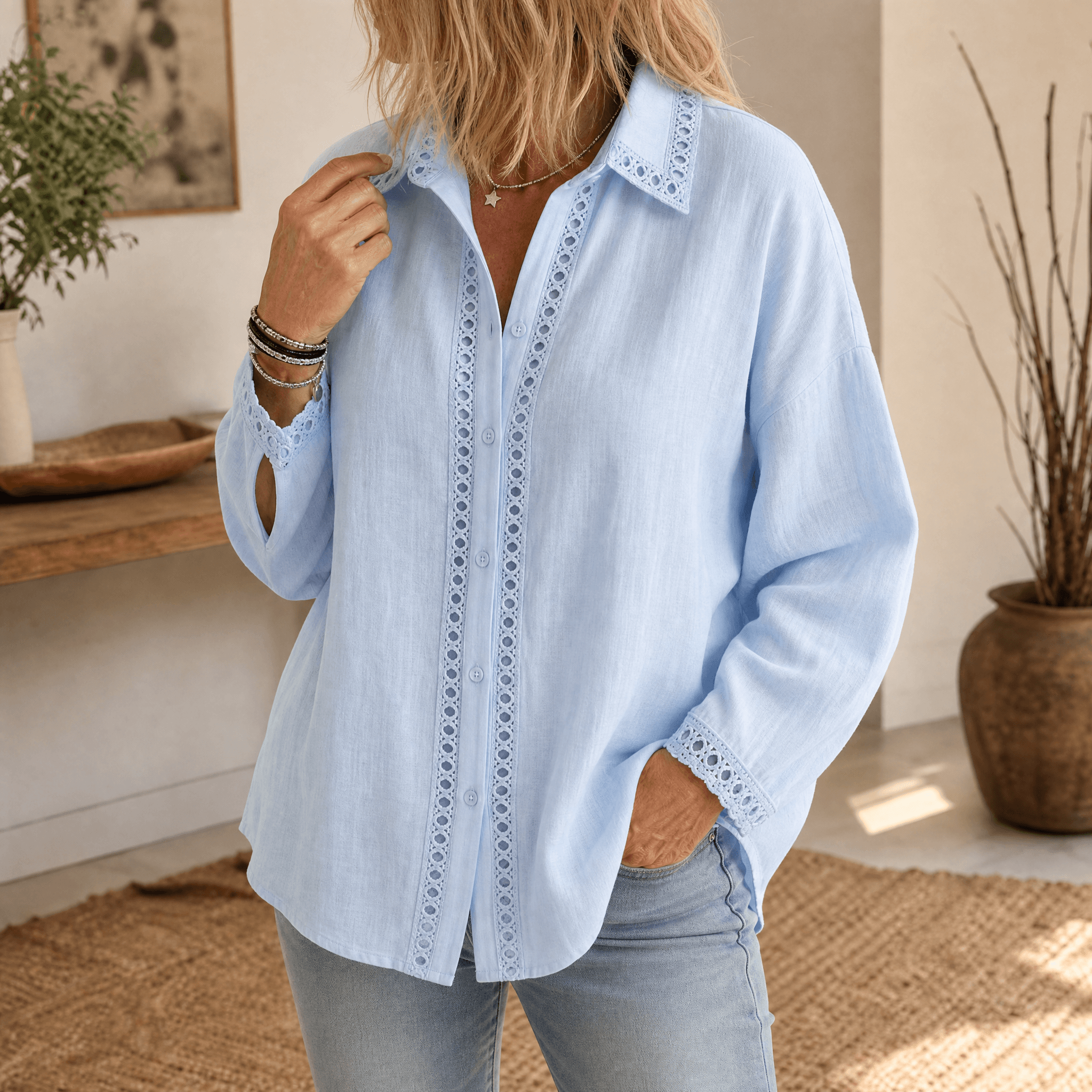 Lunavia – Women's Eyelet Trim Button-Down Blouse