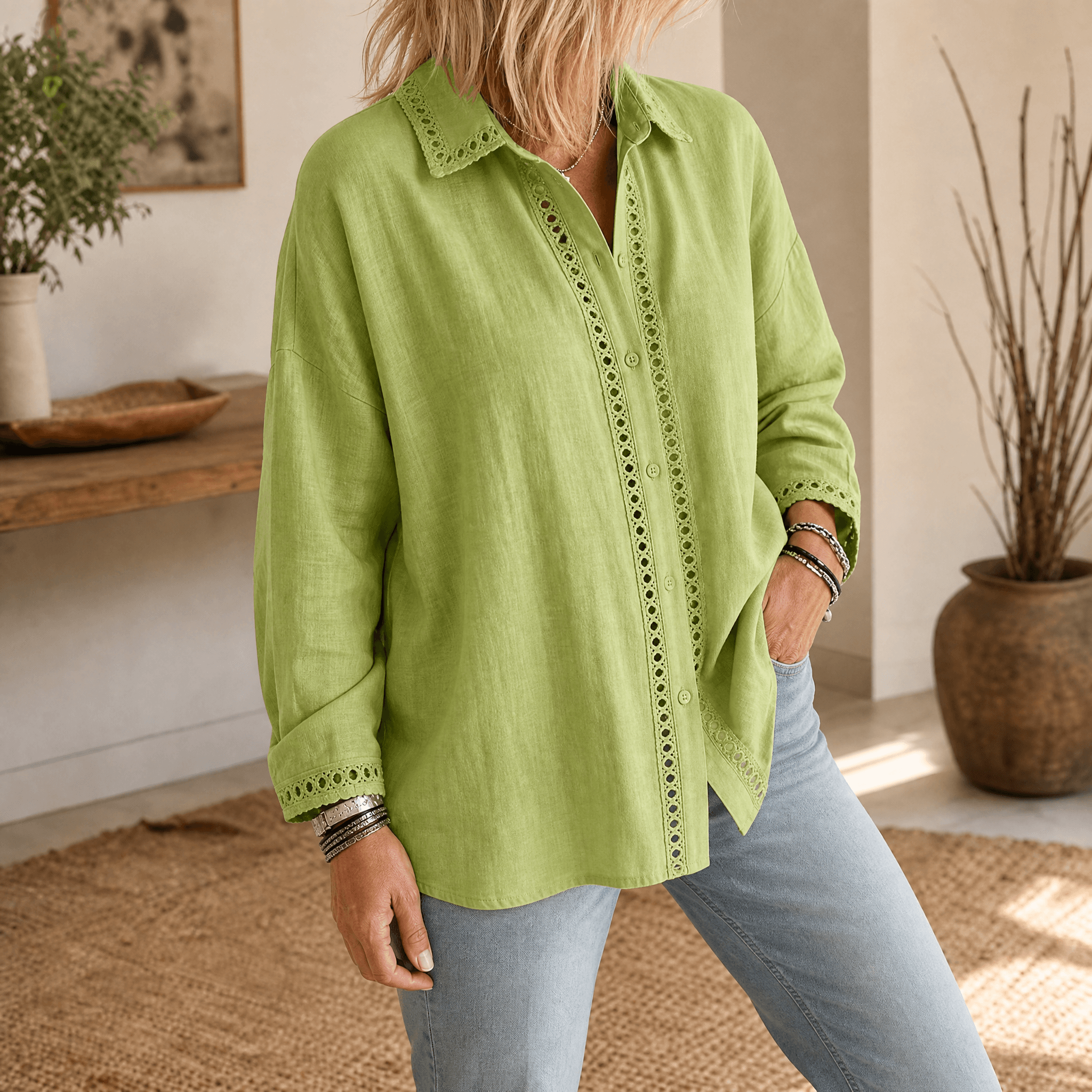 Lunavia – Women's Eyelet Trim Button-Down Blouse