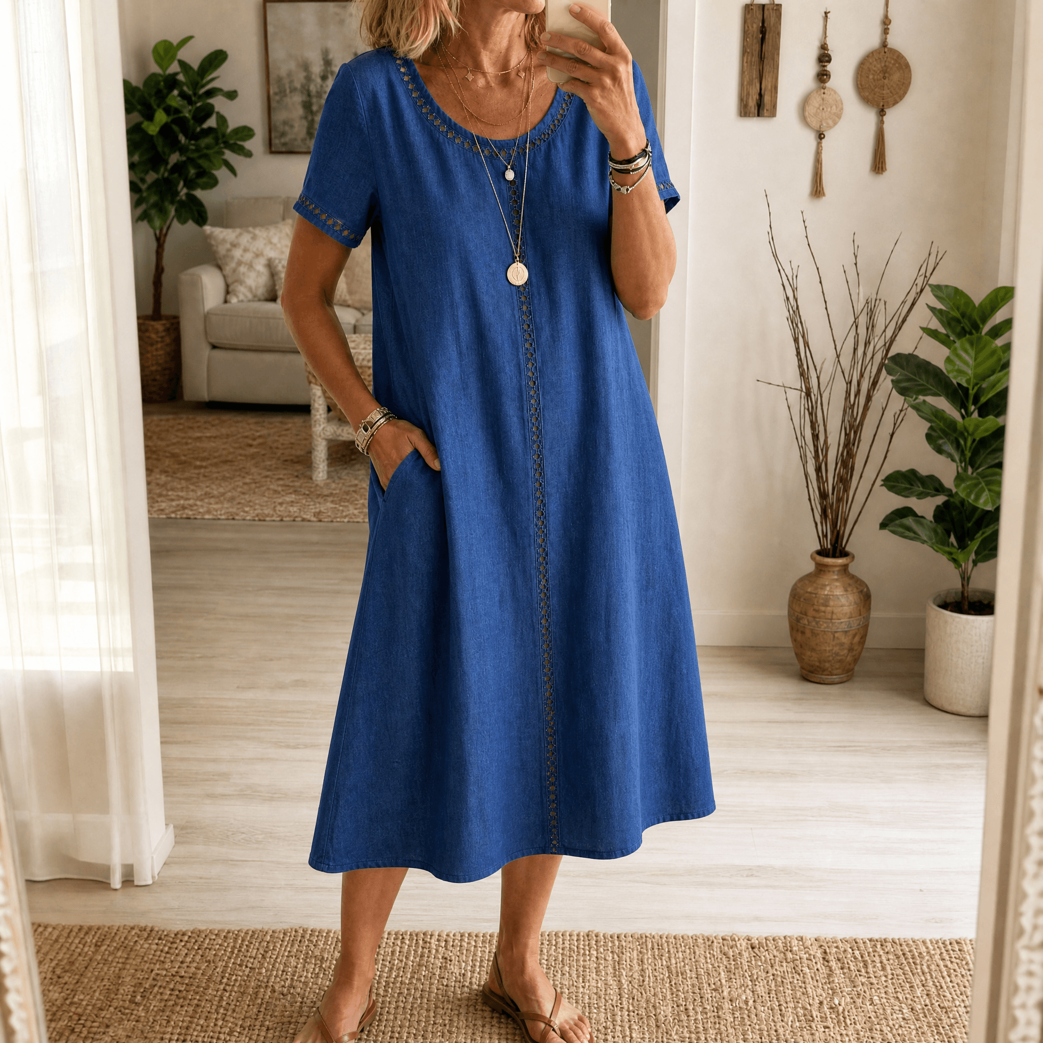 Lunavia – Women's Eyelet Trim Linen Midi Dress