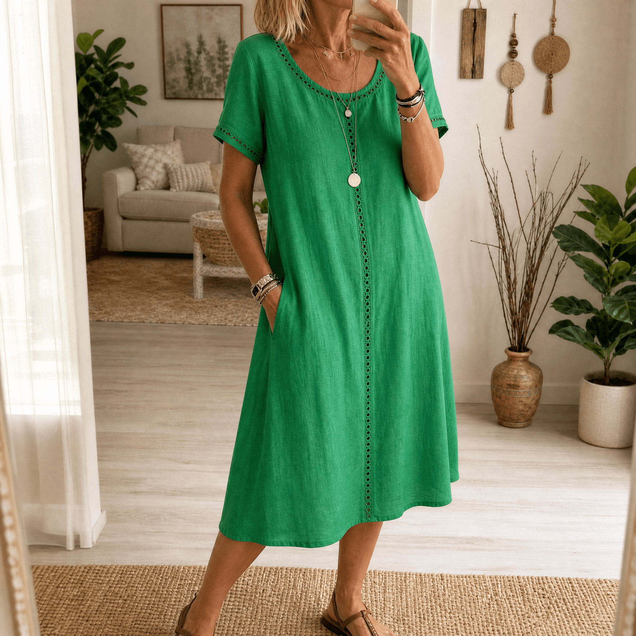 Lunavia – Women's Eyelet Trim Linen Midi Dress