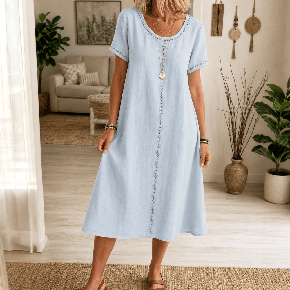 Lunavia – Women's Eyelet Trim Linen Midi Dress