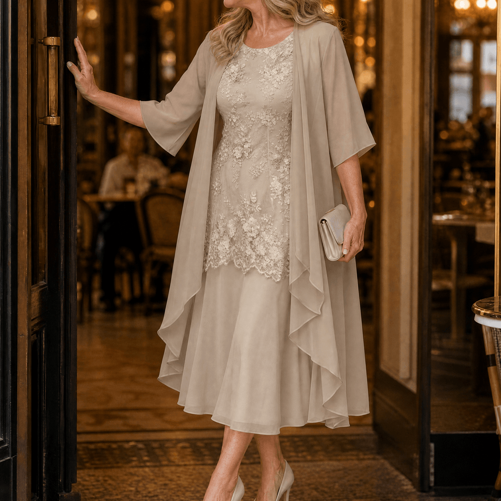 Lunavia – Women's Floral Lace Dress Set with Chiffon Shawl