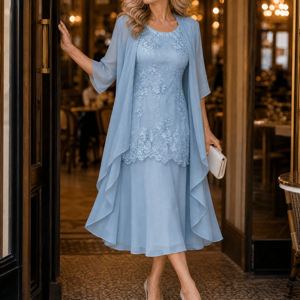 Lunavia – Women's Floral Lace Dress Set with Chiffon Shawl