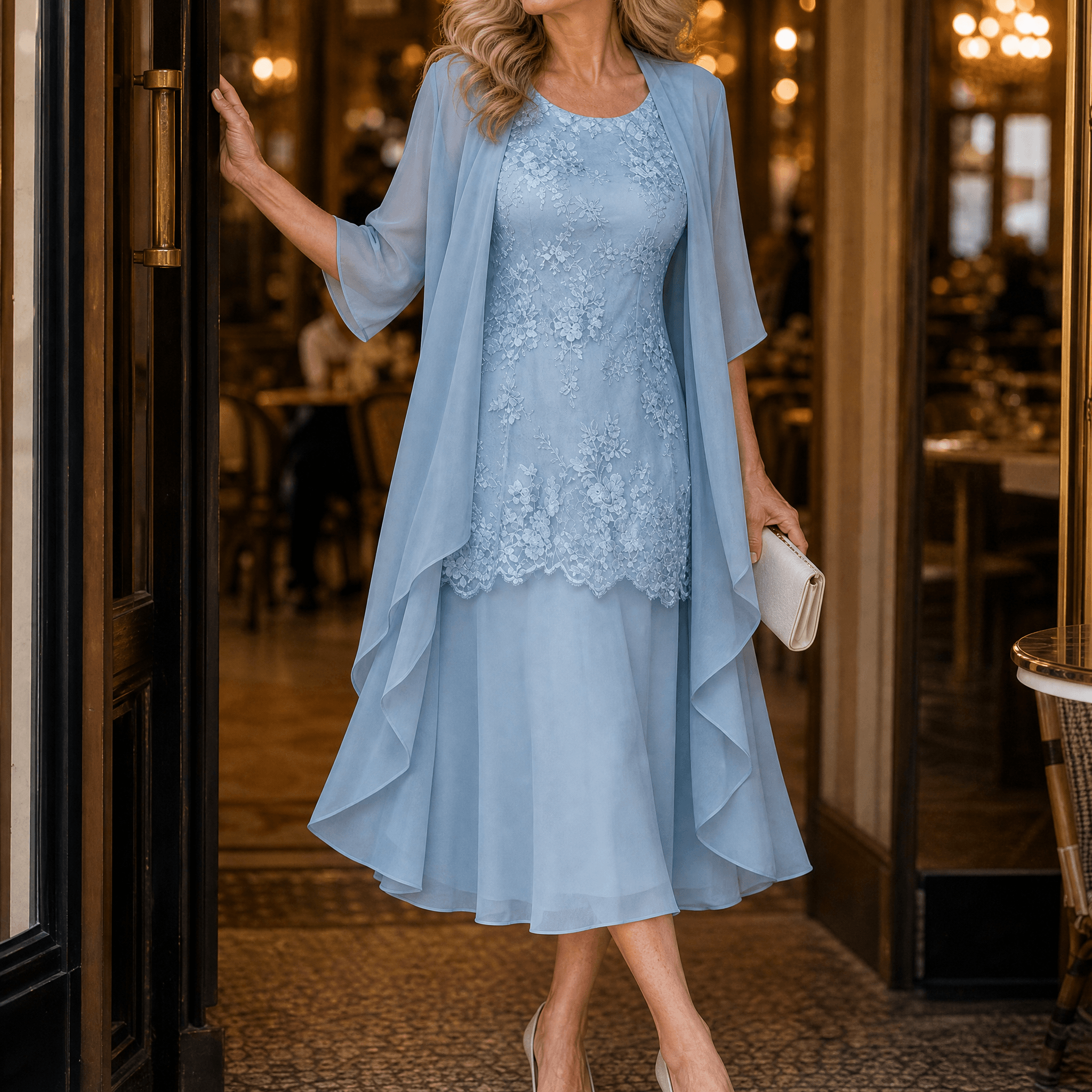 Lunavia – Women's Floral Lace Dress Set with Chiffon Shawl