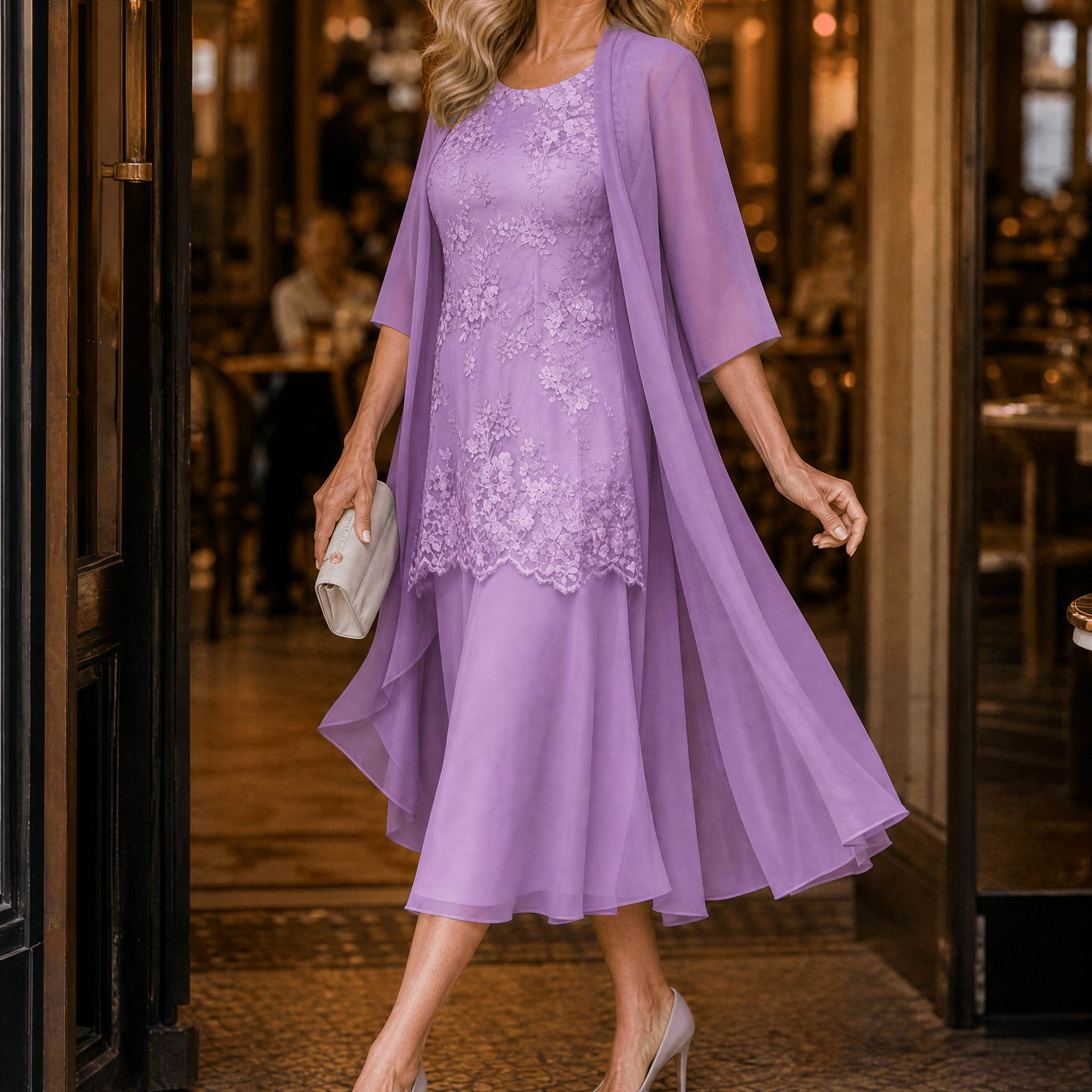 Lunavia – Women's Floral Lace Dress Set with Chiffon Shawl
