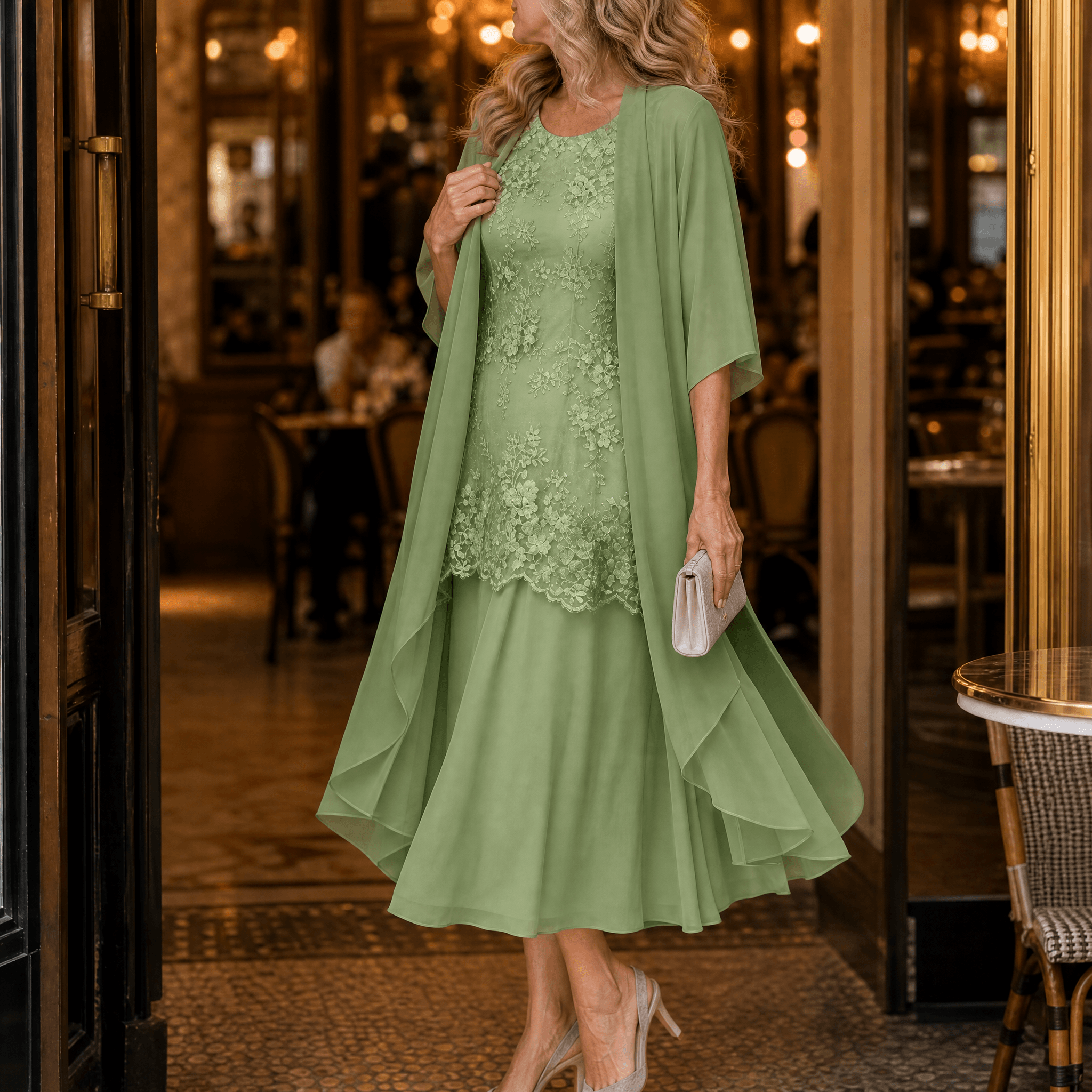 Lunavia – Women's Floral Lace Dress Set with Chiffon Shawl