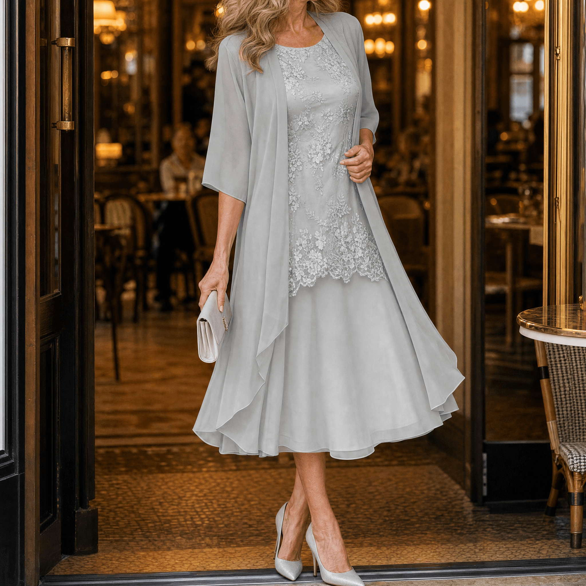 Lunavia – Women's Floral Lace Dress Set with Chiffon Shawl