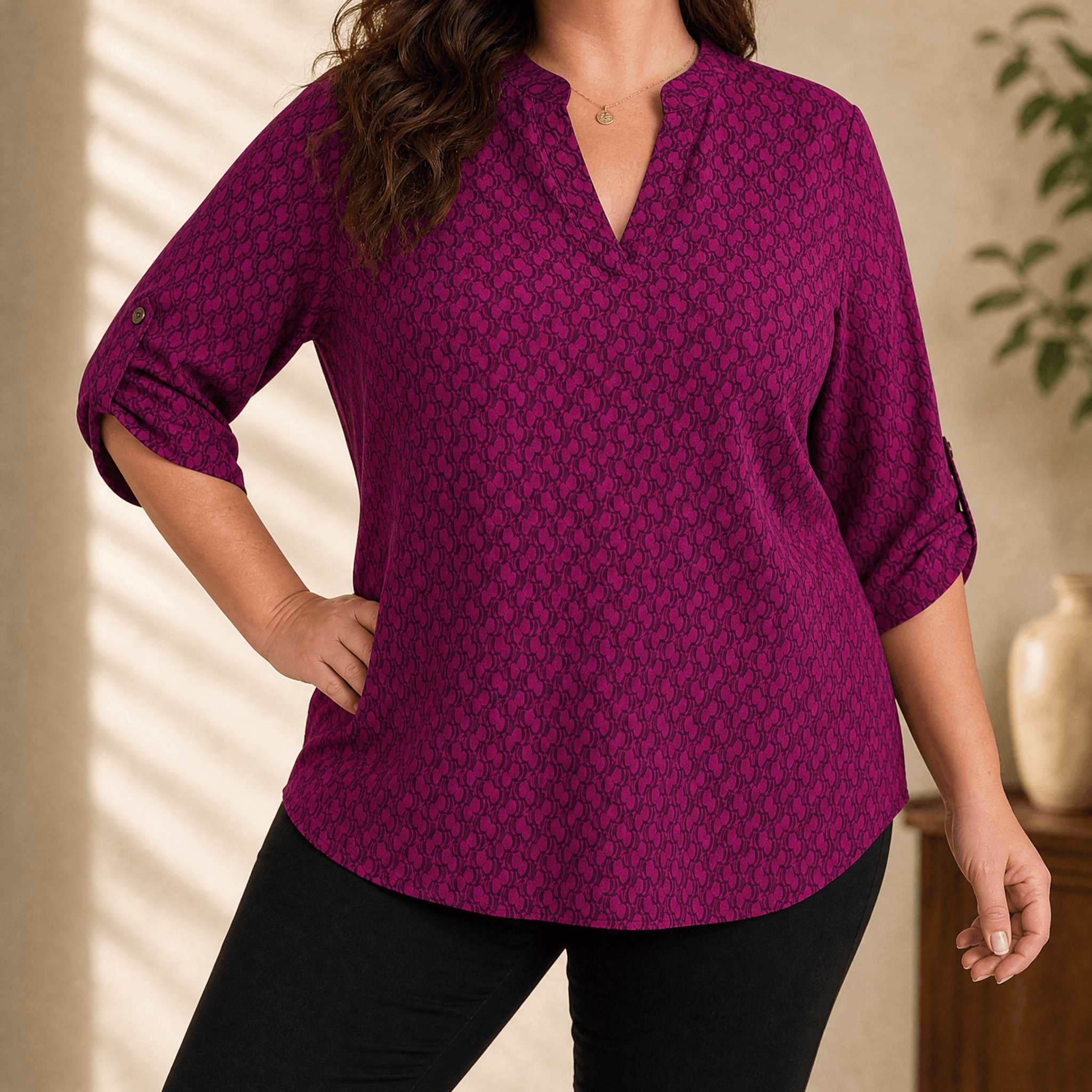 Lunavia – Women's Geometric V-Neck Blouse with Roll-Tab Sleeves