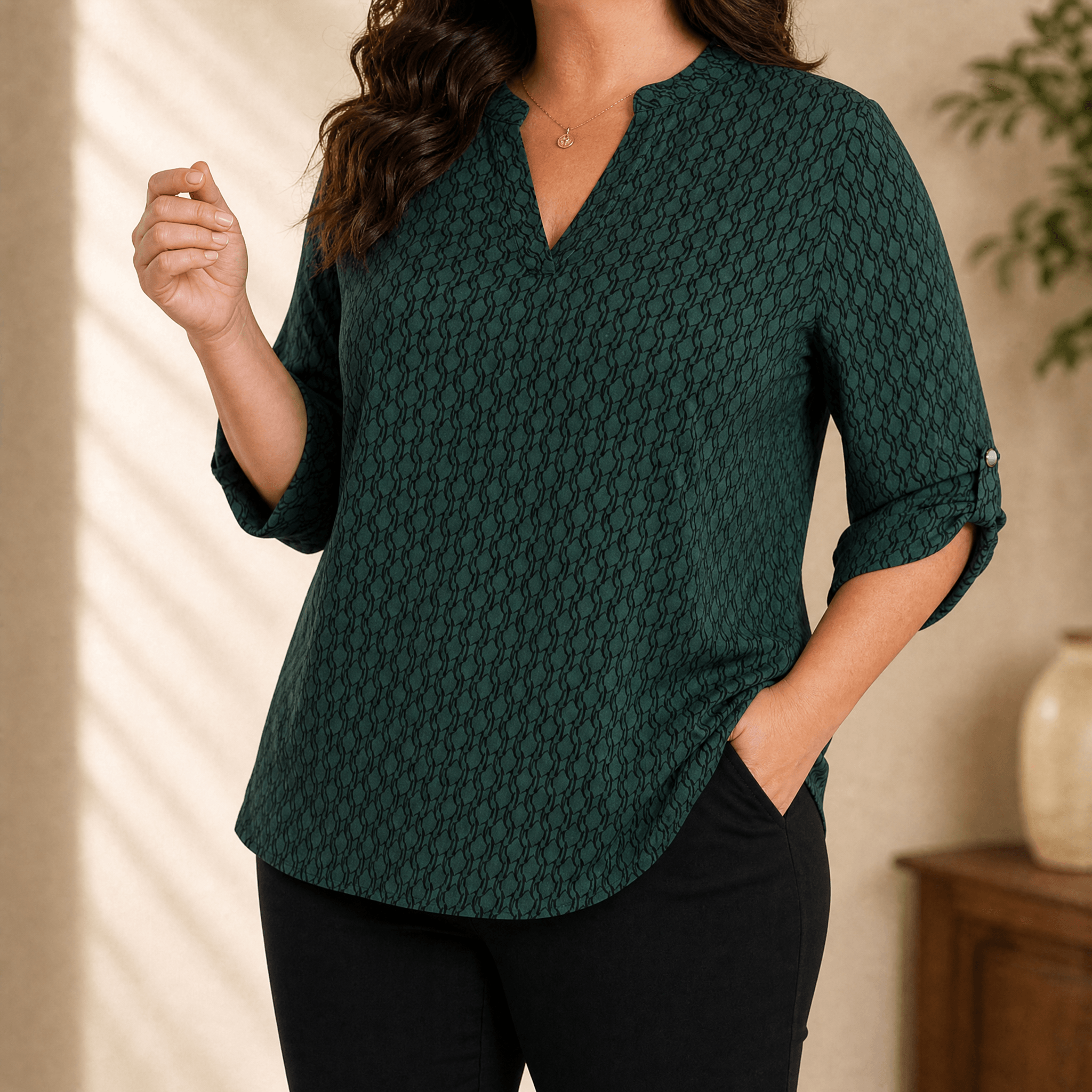 Lunavia – Women's Geometric V-Neck Blouse with Roll-Tab Sleeves