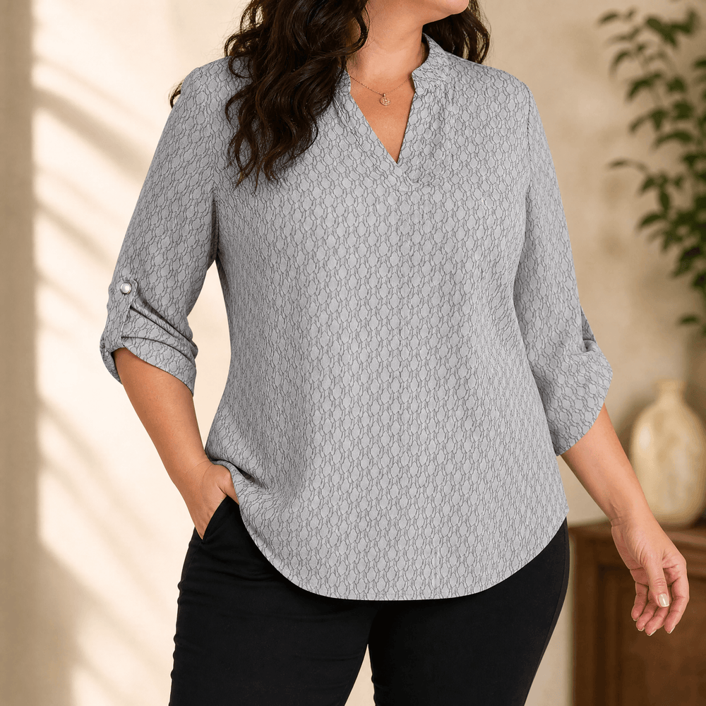 Lunavia – Women's Geometric V-Neck Blouse with Roll-Tab Sleeves