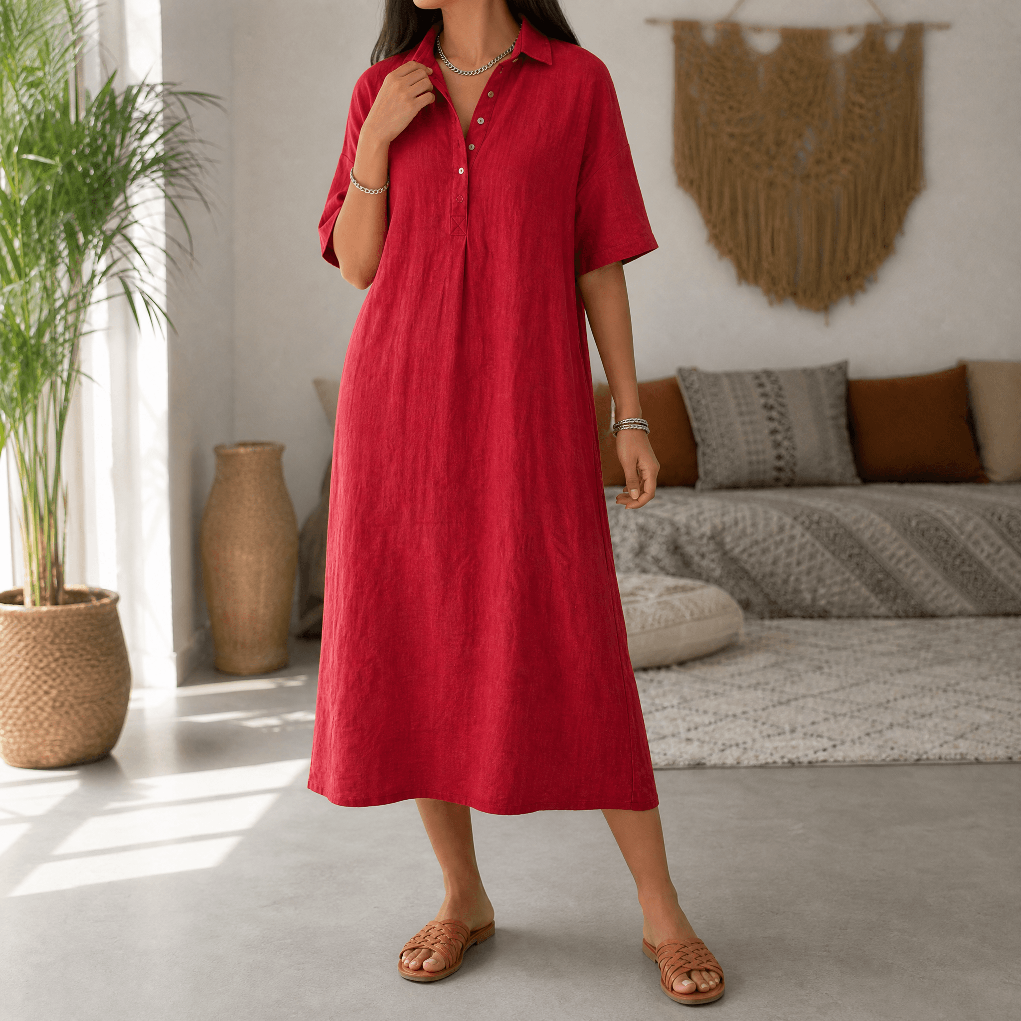 Lunavia – Women's Linen Polo Midi Dress