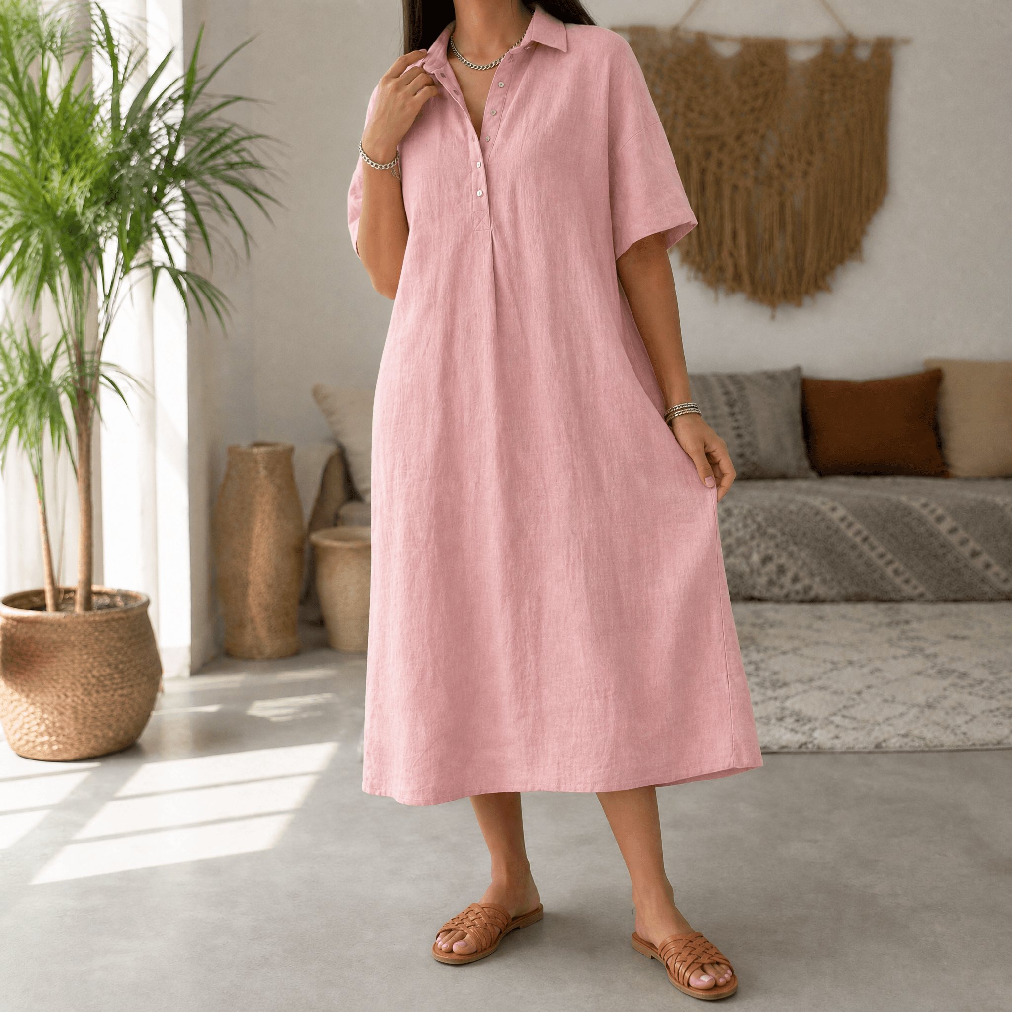Lunavia – Women's Linen Polo Midi Dress