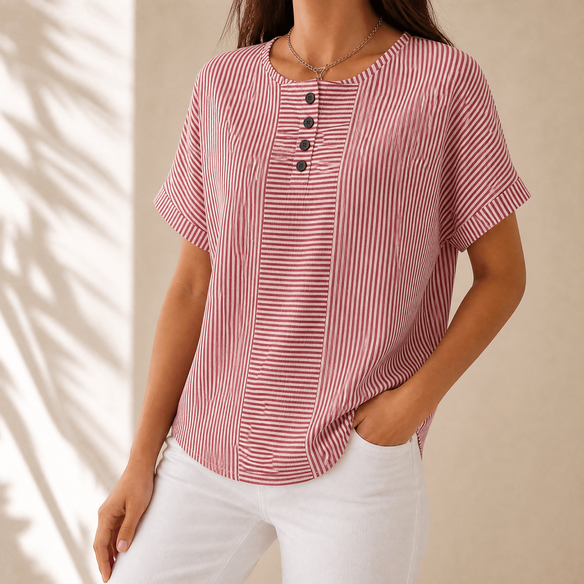 Lunavia – Women's Slimming Stripe Panel Henley Top