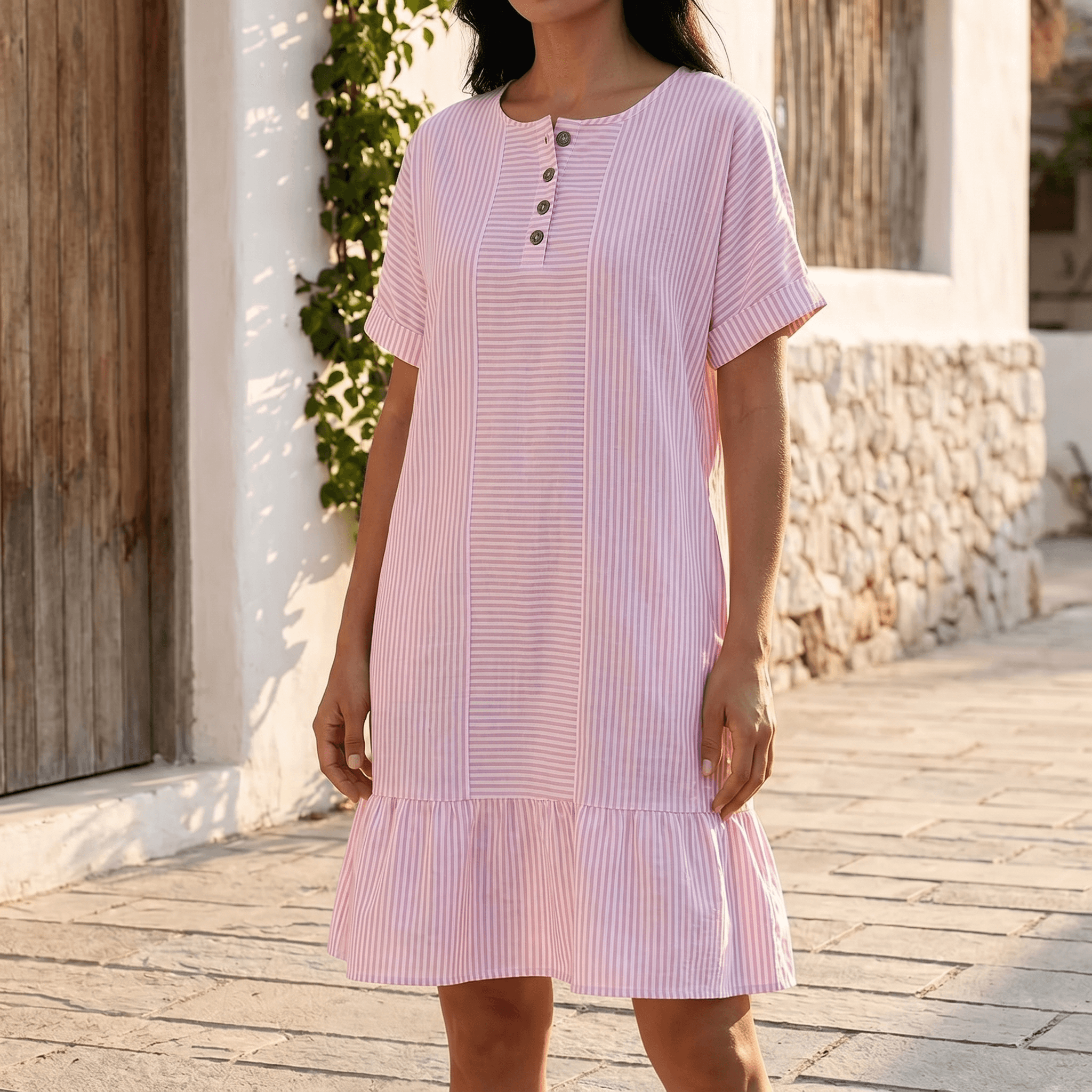 Lunavia – Women's Striped Button-Placket Mini Dress with Pockets