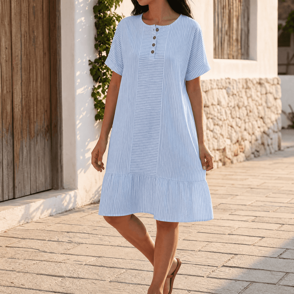 Lunavia – Women's Striped Button-Placket Mini Dress with Pockets