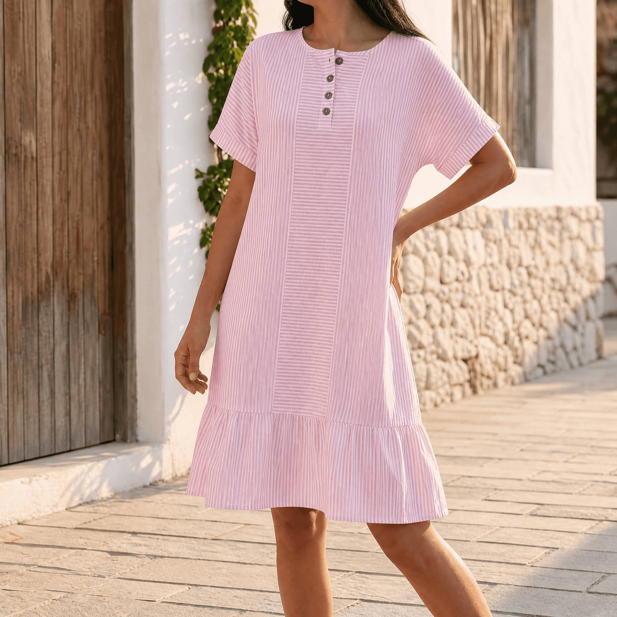 Lunavia – Women's Striped Button-Placket Mini Dress with Pockets