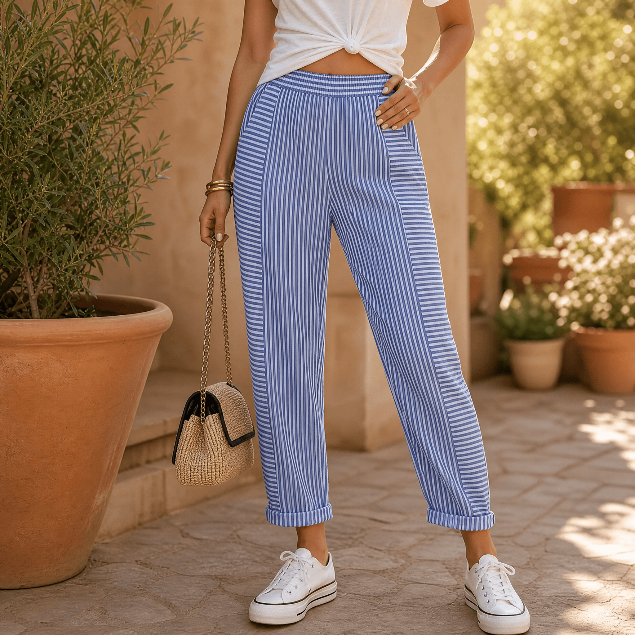 Lunavia – Women's Striped Pants with Elastic Waist