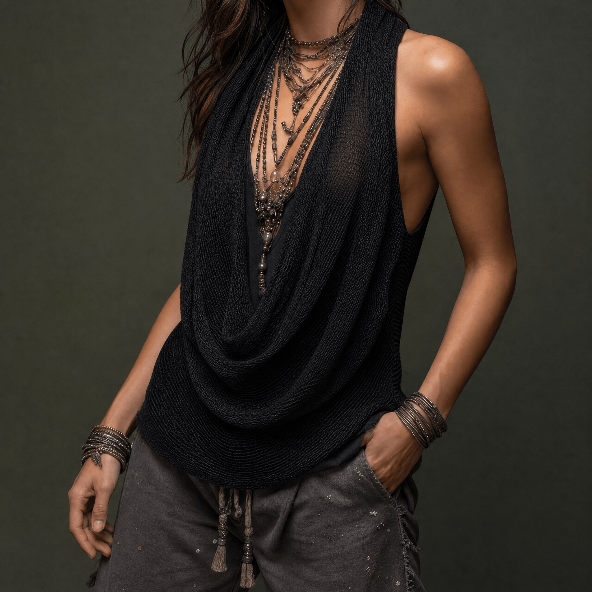 Lunessa – Draped Cowl-Neck Knit Halter Top