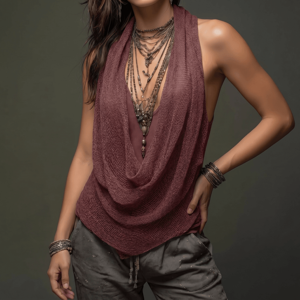 Lunessa – Draped Cowl-Neck Knit Halter Top
