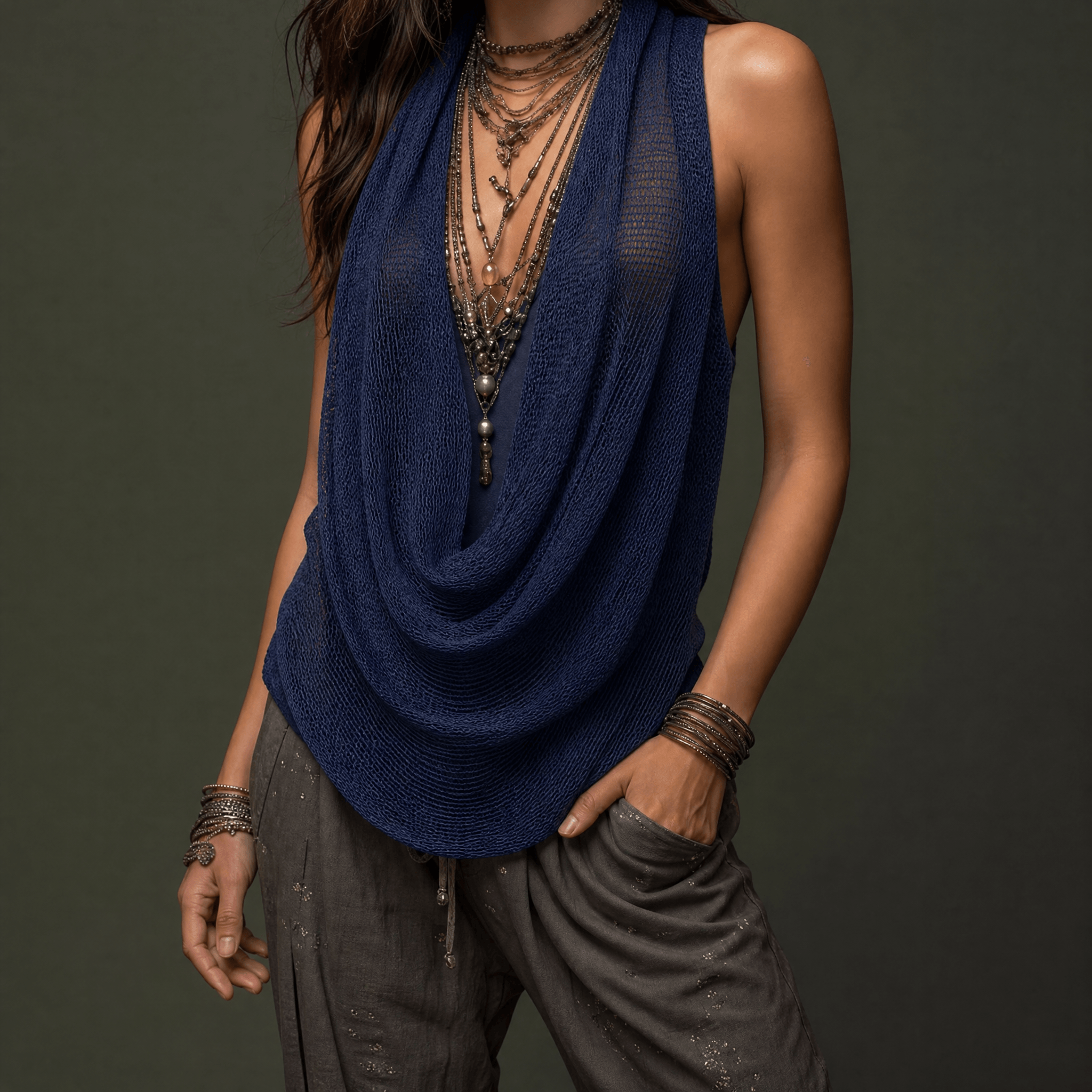 Lunessa – Draped Cowl-Neck Knit Halter Top