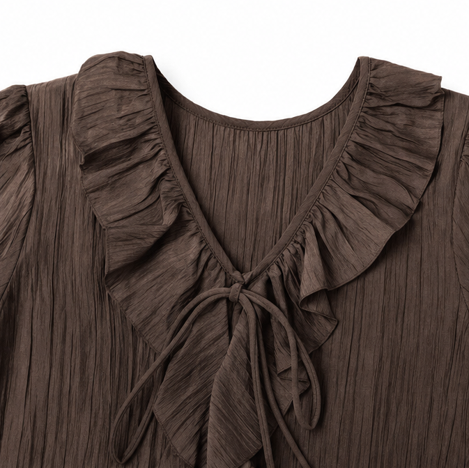 Maelora – Crinkle Ruffle V-Neck Long Sleeve Blouse