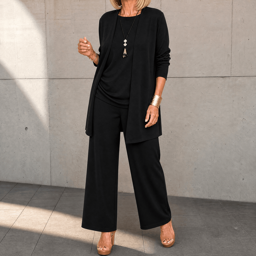 Maevelle – Women's Elegant 3-Piece Set with Drape Cardigan