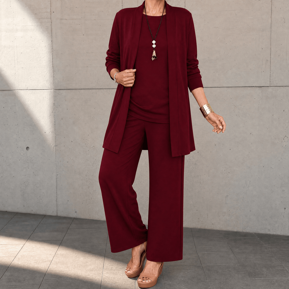 Maevelle – Women's Elegant 3-Piece Set with Drape Cardigan