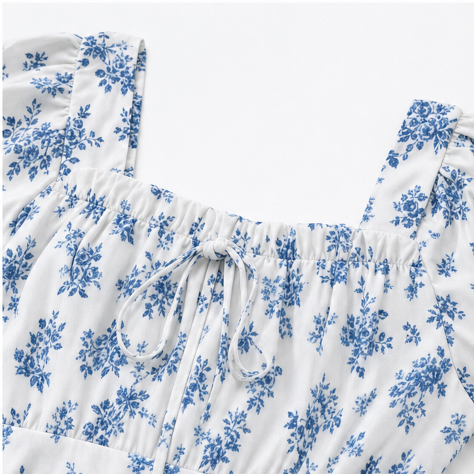 Maevra – Floral Midi Dress with Tie-Front Square Neckline