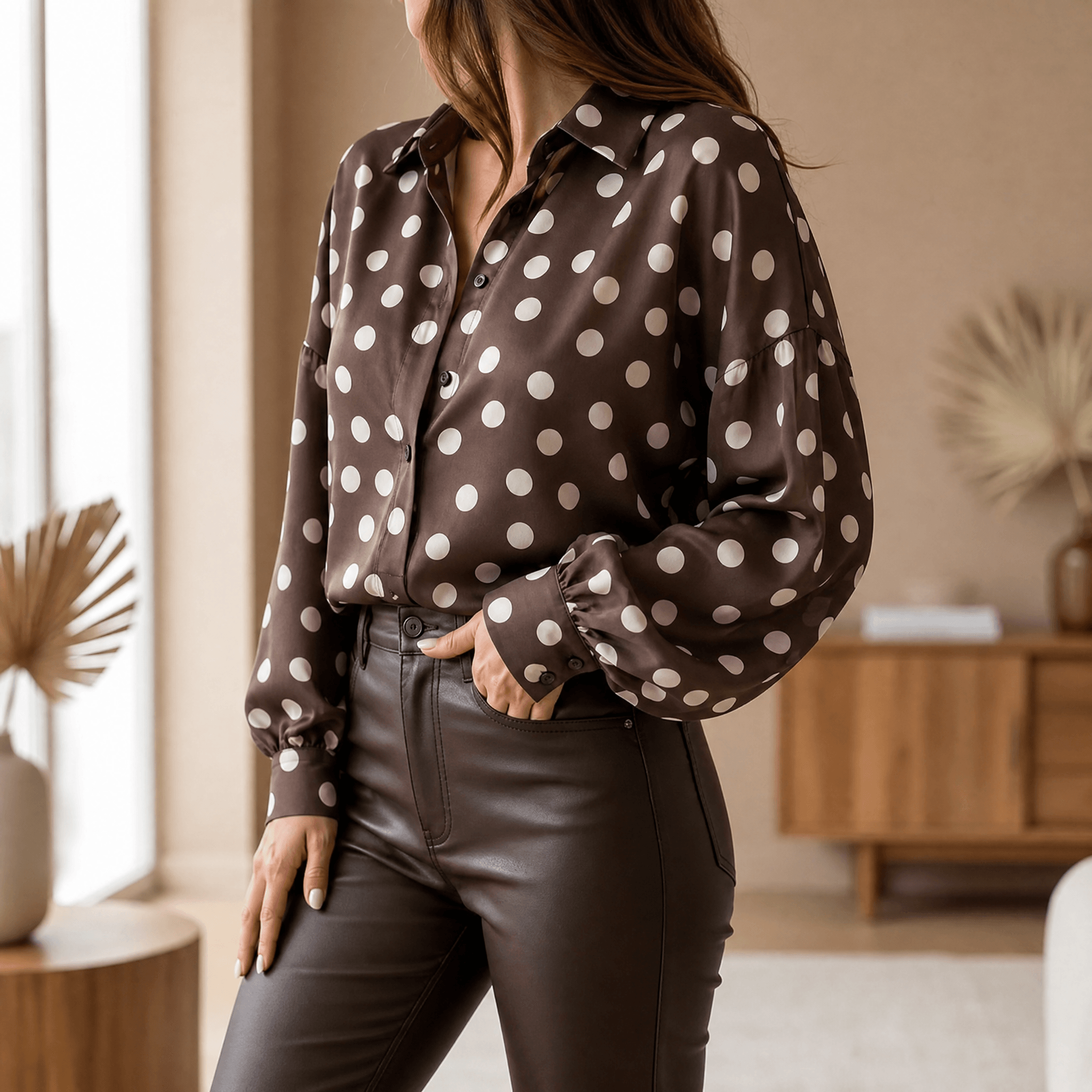 Maisova – Satin Polka Dot Button-Down Blouse