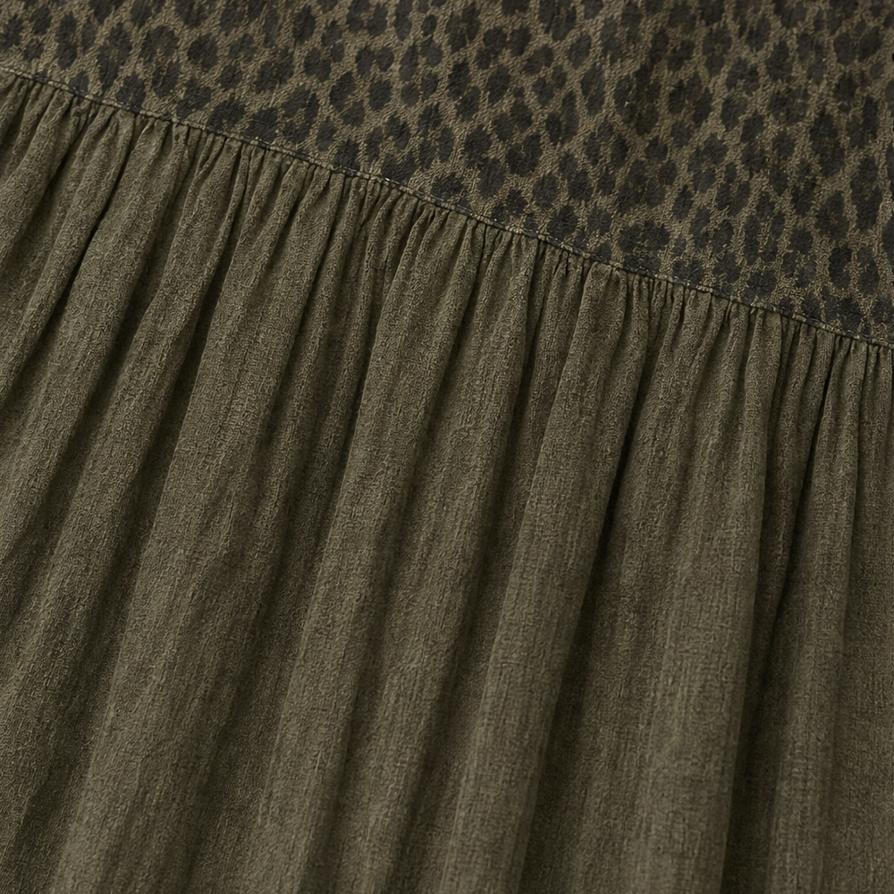 Marenza – Boho Tiered Maxi Dress with Leopard Bodice, Color-Block Skirt, V-Neck