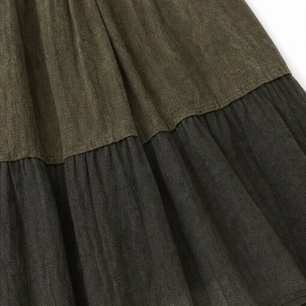 Marenza – Boho Tiered Maxi Dress with Leopard Bodice, Color-Block Skirt, V-Neck