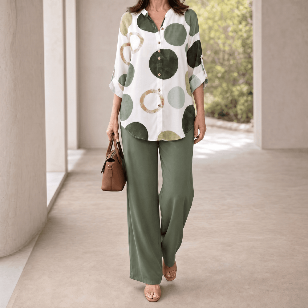 Monica – Women's Abstract Print 2-Piece Set, Blouse and Wide-Leg Trousers