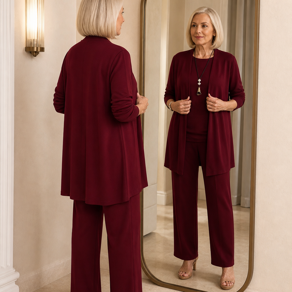 Maevelle – Women's Elegant 3-Piece Set with Drape Cardigan