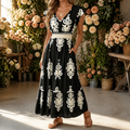 Osyrel – Women's Damask Print Midi Dress with V-Neck