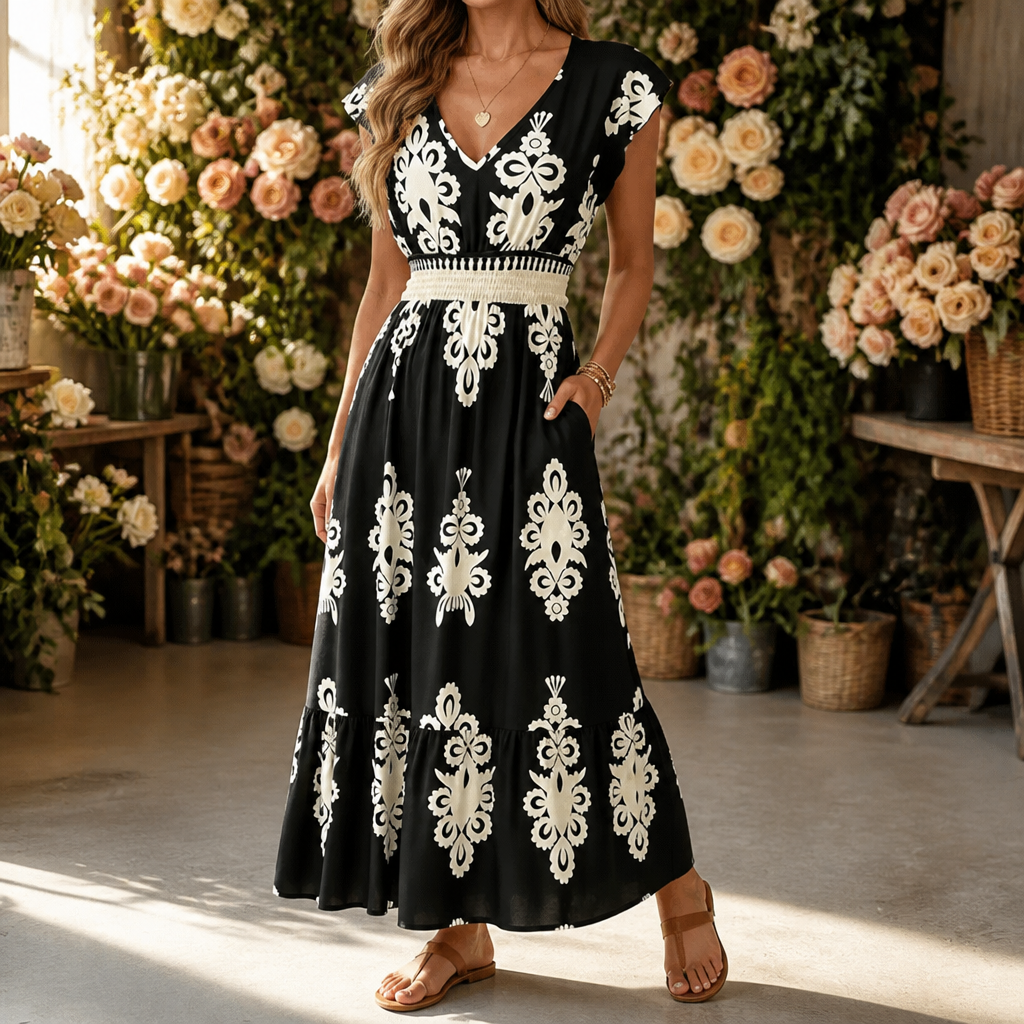 Osyrel – Women's Damask Print Midi Dress with V-Neck