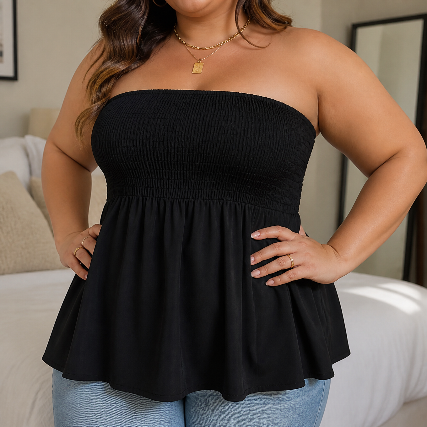 Vellora – Women's Strapless Smocked Babydoll Top