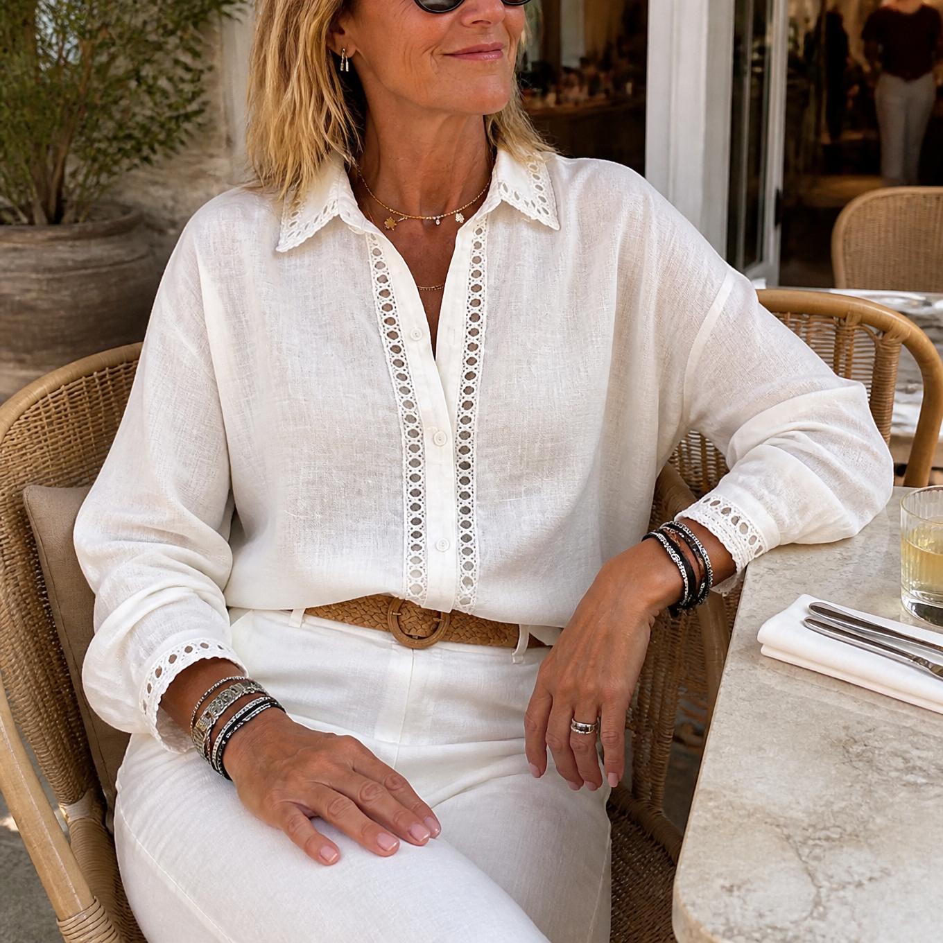Lunavia – Women's Eyelet Trim Button-Down Blouse