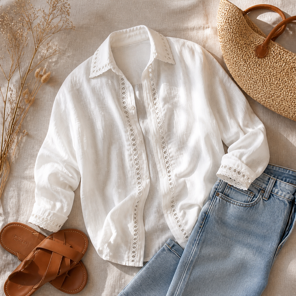 Lunavia – Women's Eyelet Trim Button-Down Blouse
