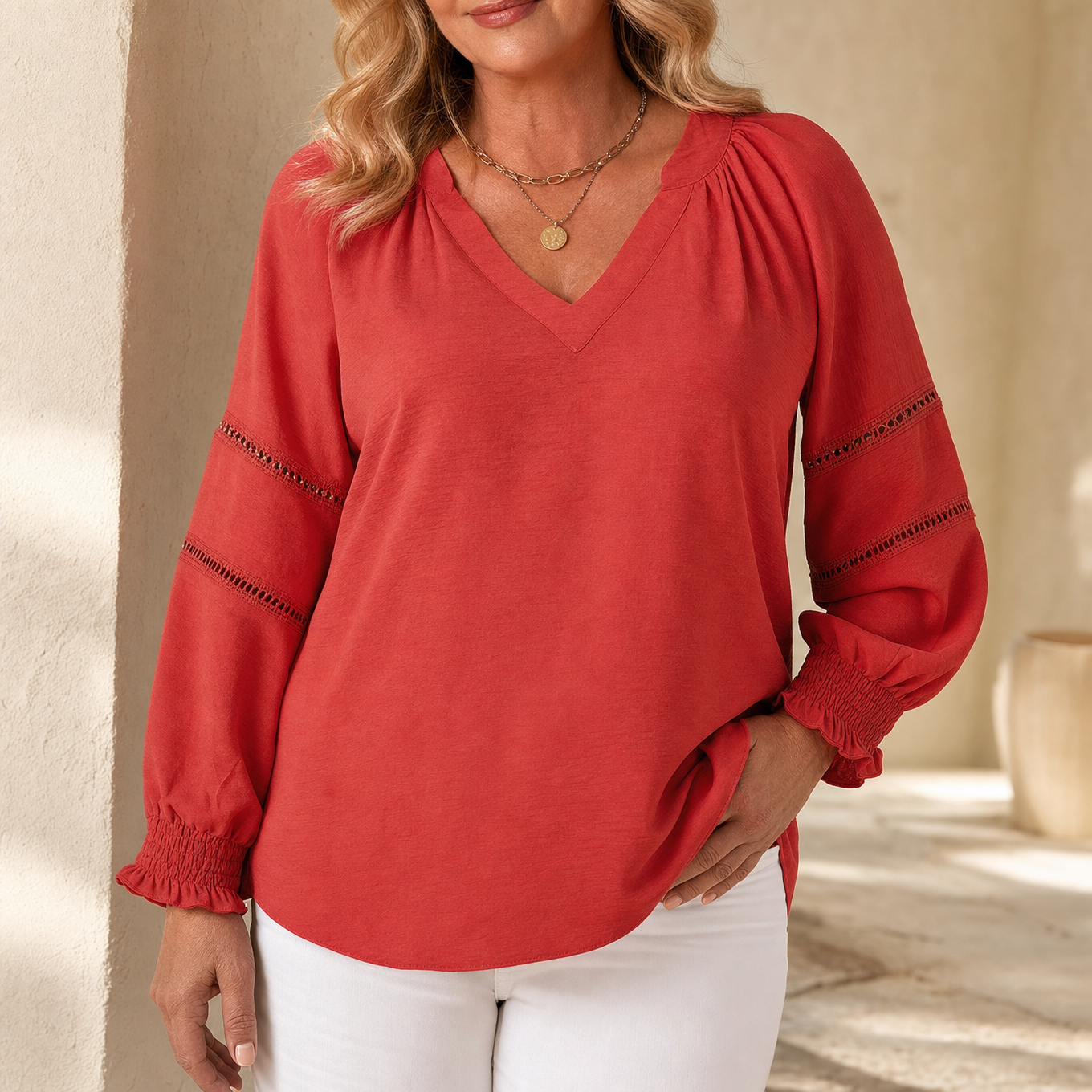 Belvora™ – Lantern Sleeve V-Neck Blouse