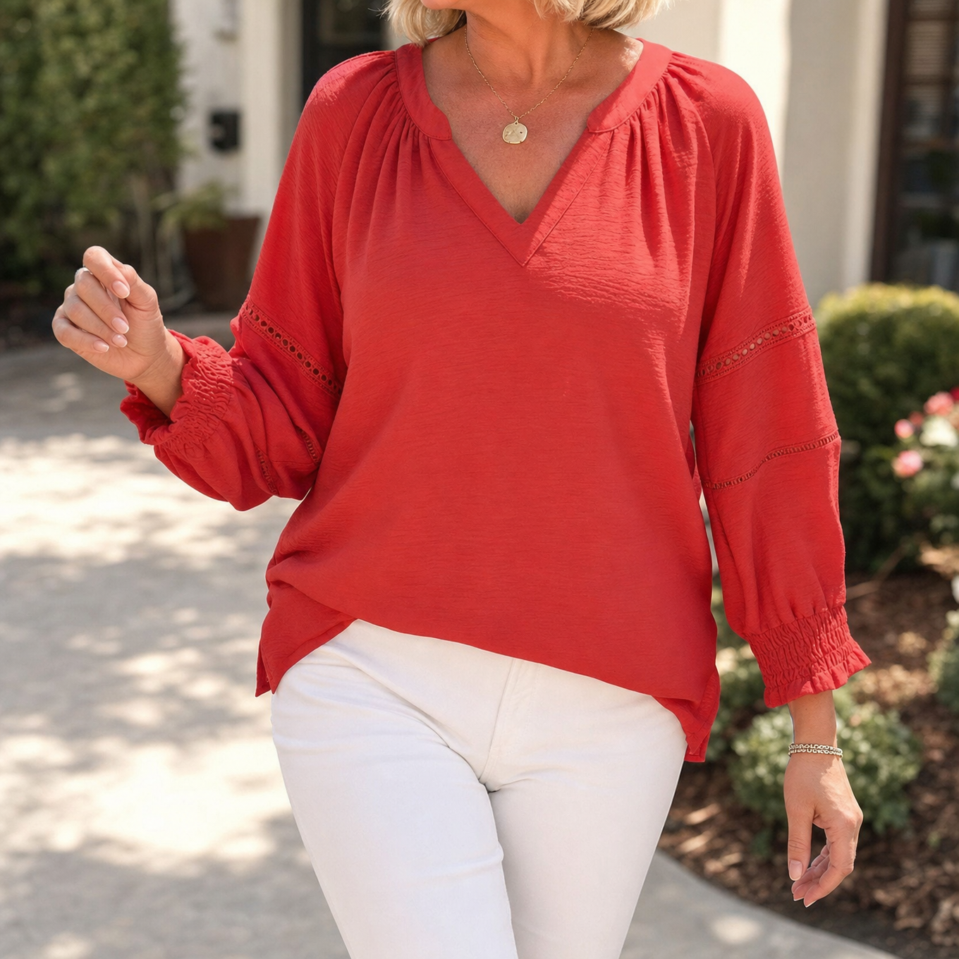 Belvora™ – Lantern Sleeve V-Neck Blouse
