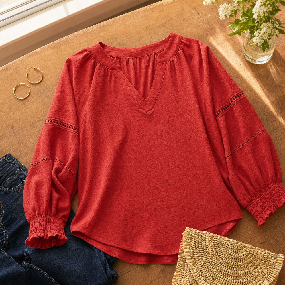 Belvora™ – Lantern Sleeve V-Neck Blouse