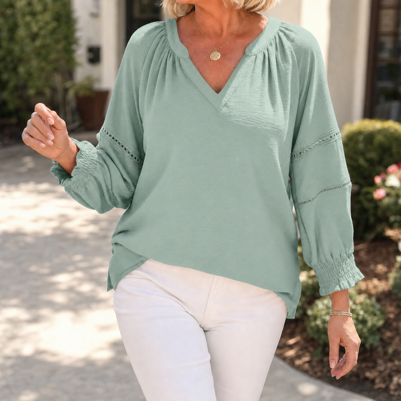 Belvora™ – Lantern Sleeve V-Neck Blouse