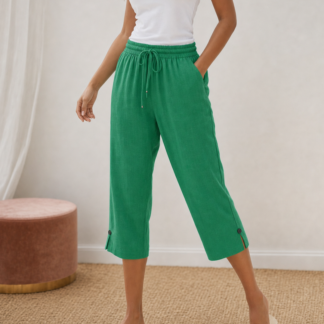 Lyriva™ – Women's Capri Pants with Drawstring Waist, Pockets and Button-Slit Hem